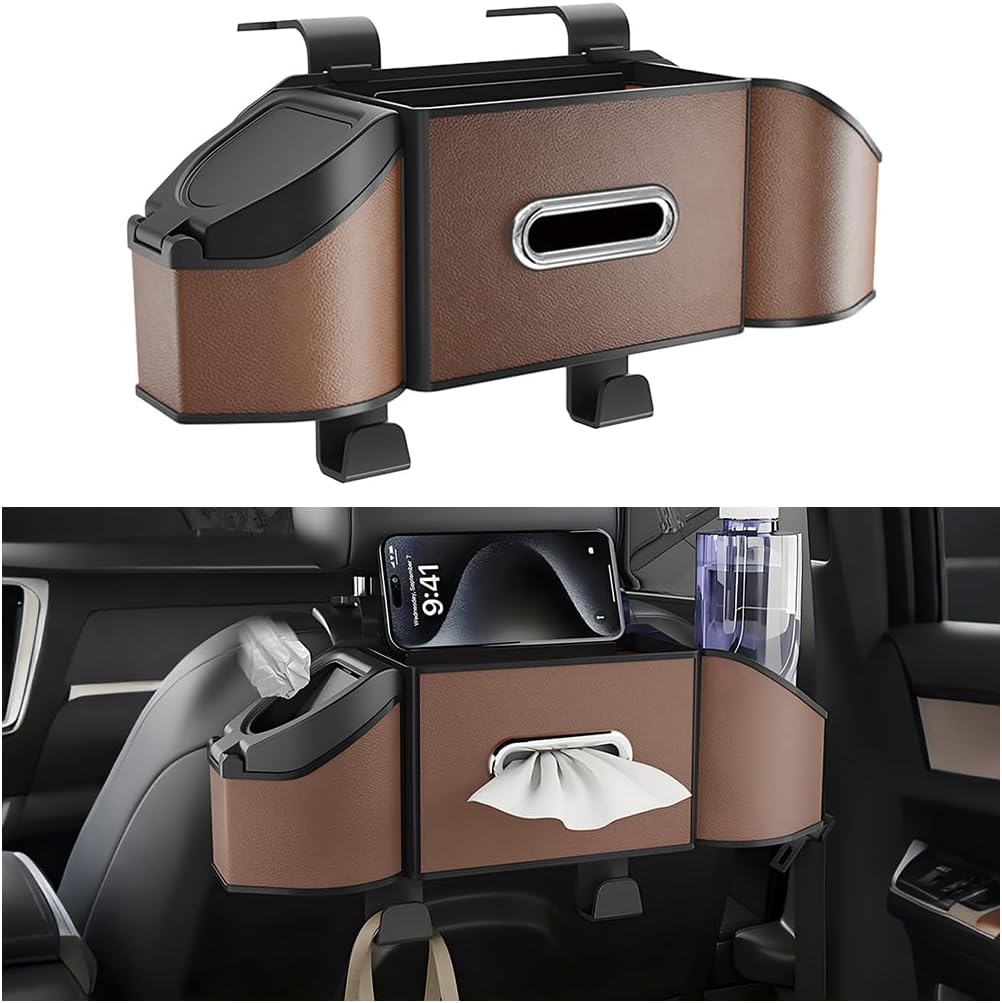 HZEL Car Seat Back Organizer, 7 in 1 Vehicle Backseat Storage Box with Cup Holder Tissue Box Trash Bin & Hooks, Multifunctional Auto Interior Headrest Organizer, Universal for SUV RV Truck (Orange)