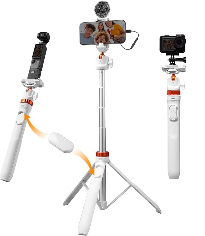 K&F CONCEPT MS08 62'' Selfie Stick Tripod, 2-in-1 Extendable White Phone Tripod