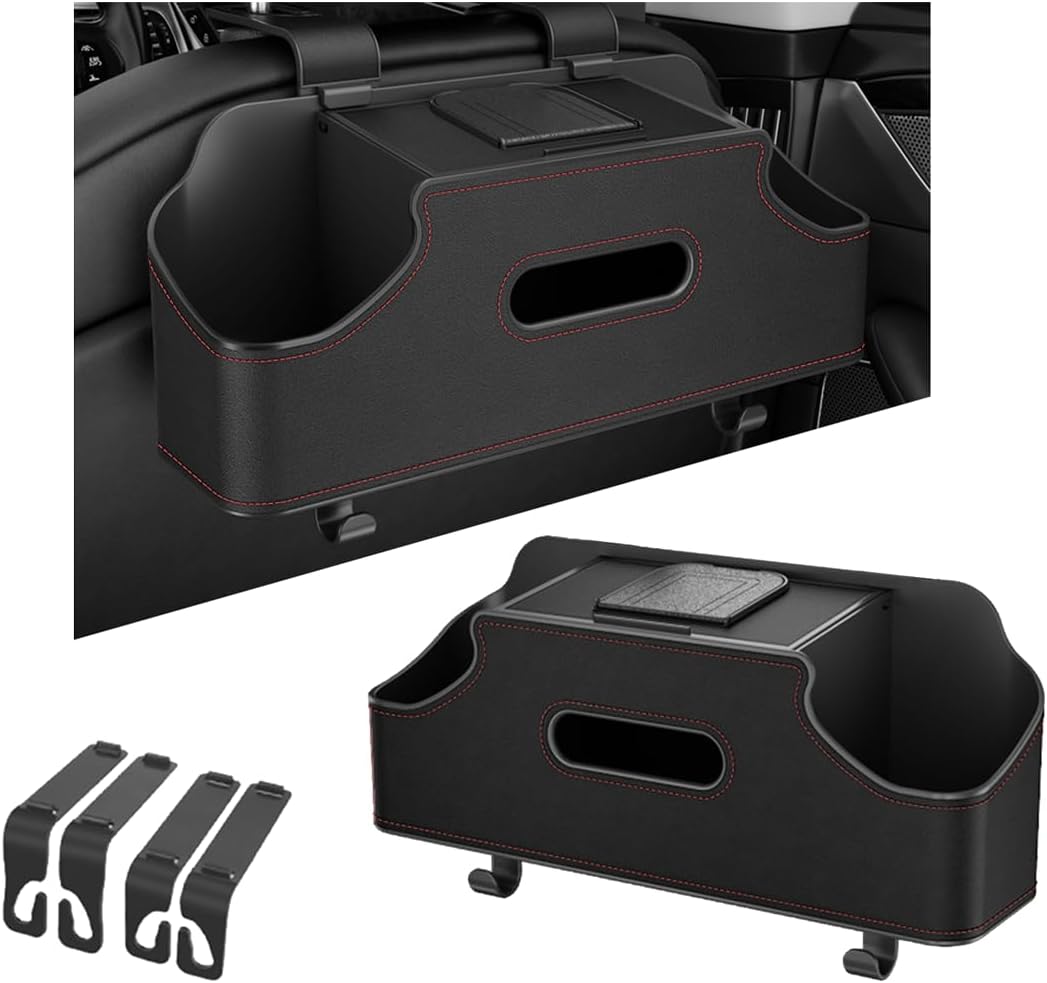 Car Seat Back Organizer, 3-in-1 Vehicle Backseat Storage Box with Cup Holder Tissue Box Trash Bin & Hooks, Multifunctional Auto Interior Headrest Organizer, Universal for SUV RV Truck (Black)