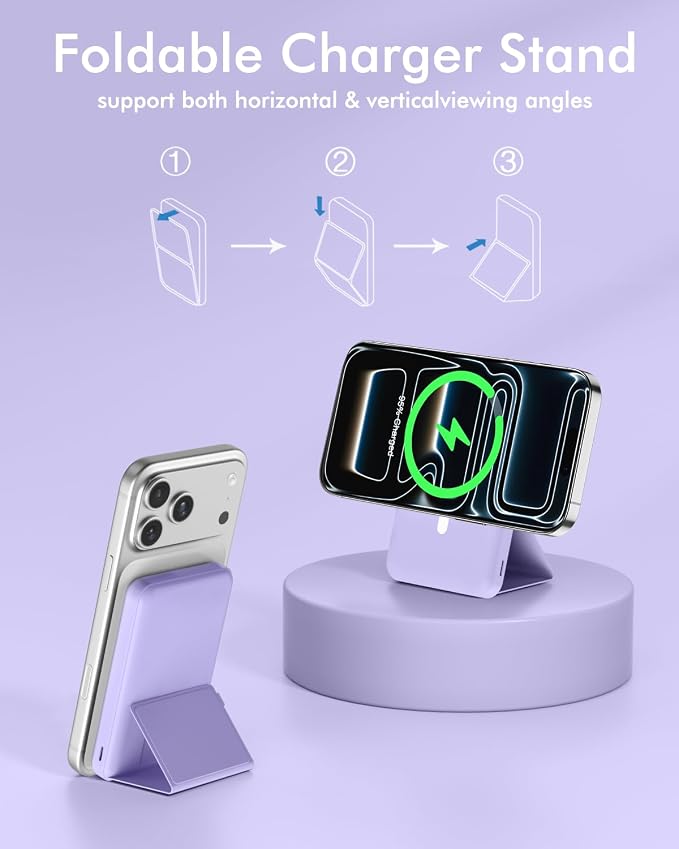 podoru for Magsafe Battery Pack, Foldable 10000mAh Magnetic Power Bank with USB-C Cable LED Display 22.5W PD Fast Charging Wireless Portable Charger for iPhone 17/16/15/14/13/12 Series-Light Purple