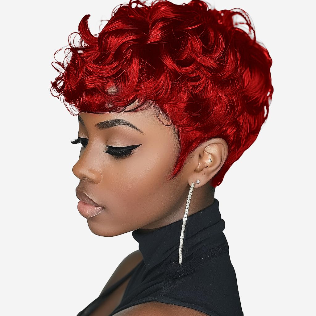 Docute Red Pixie Cut Wigs For Black Women Short Hair, Red Short Fluffy Pixie Cut Wigs Natural Red Wavy Synthetic Wigs For Black