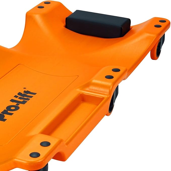 Pro Lift Mechanic Plastic Creeper 40 Inch - Blow Molded Ergonomic HDPE Body with Padded Headrest & Dual Tool Trays - 350 Lbs Capacity Orange
