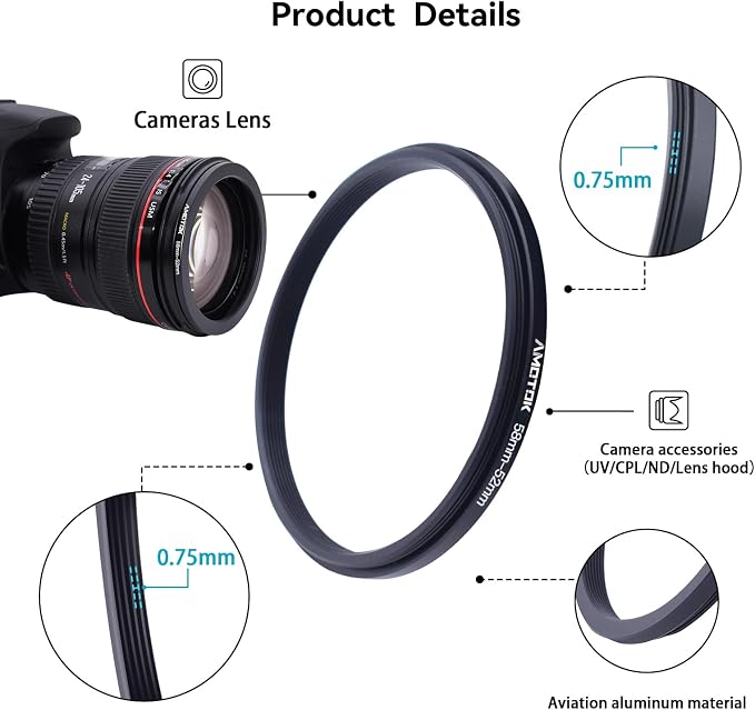 58mm Lens to 52mm Camera Filters Ring Compatible All 58mm Camera Lenses to 52mm