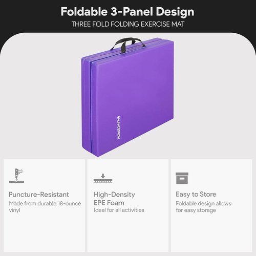 BalanceFrom Folding Gymnastics Mat - 6x2 Feet, 2-Inch Thick Vinyl Pad with Carrying Handles for Home Workouts | Yoga, Tumbling, Pilates, Martial Arts