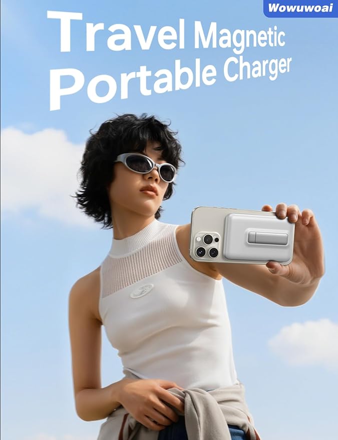 for Magsafe Portable Charger, 10000mAh Wireless Power Bank with Stand, USB C PD 20W Fast Charging Powerbank, Magnetic Battery Pack Compatible for iPhone 17/16/15/14/13/12 Series - White