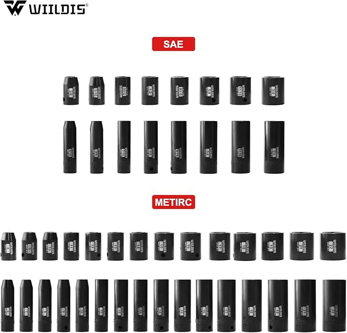 WIILDIS 3/8" Drive Impact Socket Set, 50 Piece Socket Set SAE 5/16" to 3/4" and Metric 6 to 22mm, Includes Extension Bars, Universal Joint and Adapter, 6 Point, Cr-V Steel, Double Lock Storage Case