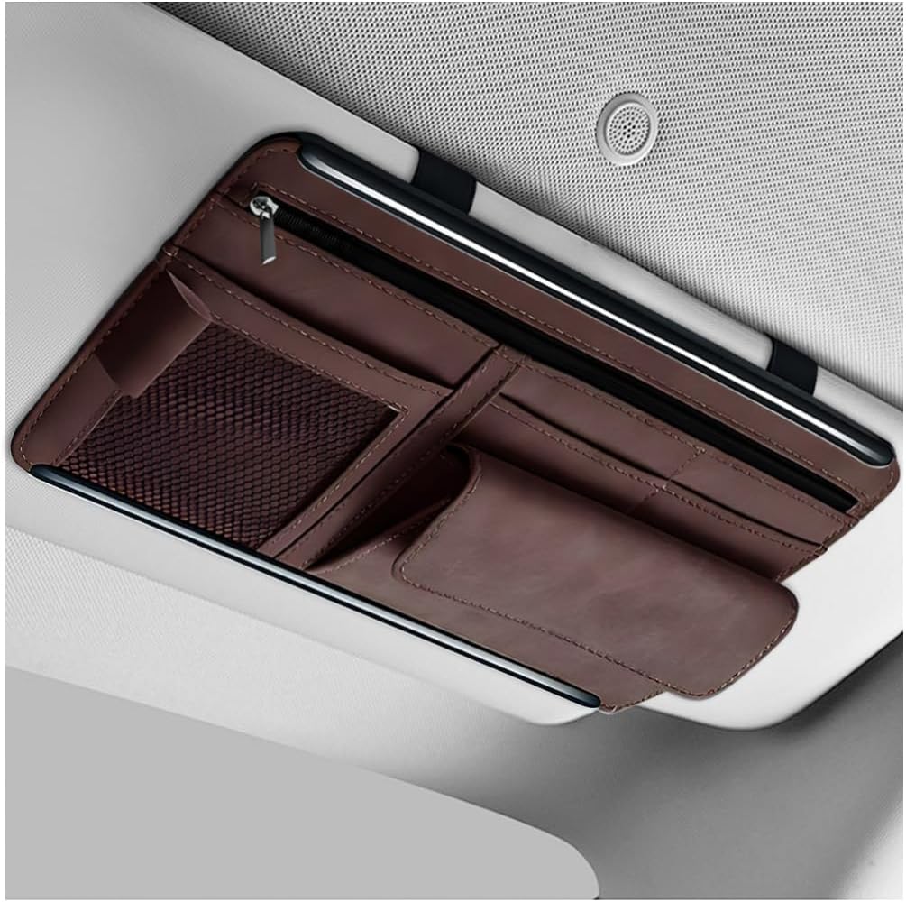 Car Sun Visor Organizer, Leather Sun Visor Pocket Organizer Case with Multi-Pocket Net Zipper, Suede Note Holder Car Visor Storage Pouch for Card Pen Sunglasses Document (Blue)