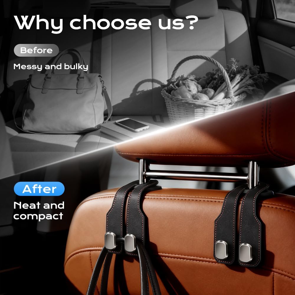 Fauppt Headrest Hooks for Car Car Seat Hooks for Headrest,2026 Hooks for Purses and Bags Cute Car Purse Holder,Twinhook Leather Car Headrest Hangers Seat Back Organizers for Travel (Black*4)