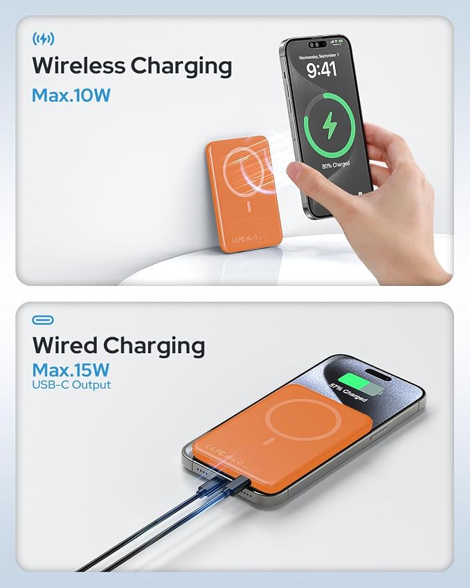TRKOY for Magsafe Portable Charger,5000mAh Wireless Magnetic Power Bank with USB C Charging,Travel Essential for Magsafe Battery Pack Compatible with iPhone 17/16/15/14/13/12,Cosmic Orange