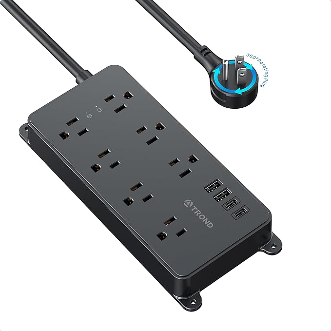 TROND Power Strip Surge Protector with 360° Rotating Plug, 7 Widely-Spaced Outlets, 2 USB-A & 2 USB-C, ETL Listed, Flat Plug 5ft Extension Cord, Wall Mountable, 1700J, for Home Office, Black
