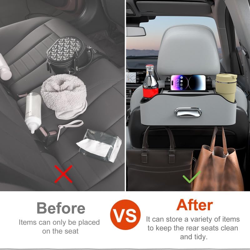 Back Seat Cup Holder for Car – Multifunctional Seat Back Organizer with Drink Holders, Tissue Box Storage & Hooks, Fits Headrest for Auto. (Gray)