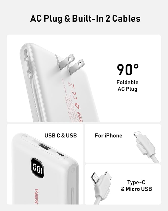 Portable Charger Power Bank Built in Cables and Wall Plug, 10000mAh iPhone Battery Pack Fast Charging, USB C External Slim Power Bank, Travel Essentials Compatible with iPhone 17 16 15 14 iPad, White