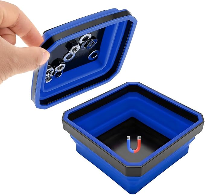 Collapsible Magnetic Parts Tray, 4.5" Square Silicone Tool Tray with Double-Sided Magnetic Base, Foldable Bowls Small Metal Parts Holder for Screws Bolts Nuts Washers (Blue)