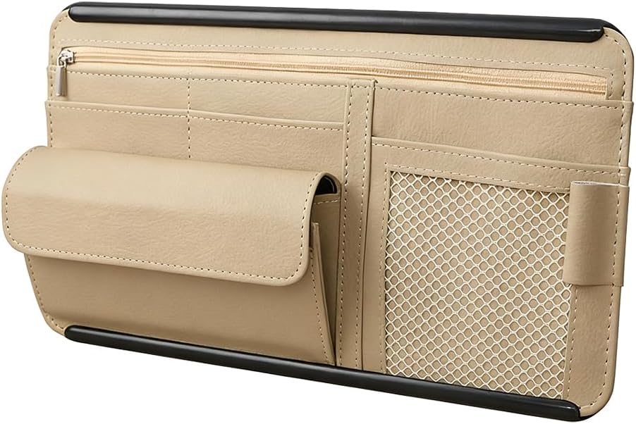 Car Sun Visor Organizer with Zipper Pocket, Multi-Pocket Vehicle Visor Storage Pouch with Card Sleeve, Eyeglasses Holder Box, Auto Interior Sunvisor Organizer Pocket, Universal Fit (Beige)