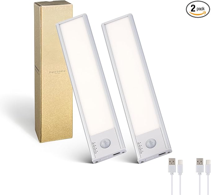 Magnetix 8in Re-Chargeable LED Under Cabinet Motion Sensor Light Bar with Magnetic Mounting Clips, Dimmable and 3-CCT Selectable in Brushed Aluminum (Pack of 2) for Kitchen and Closet
