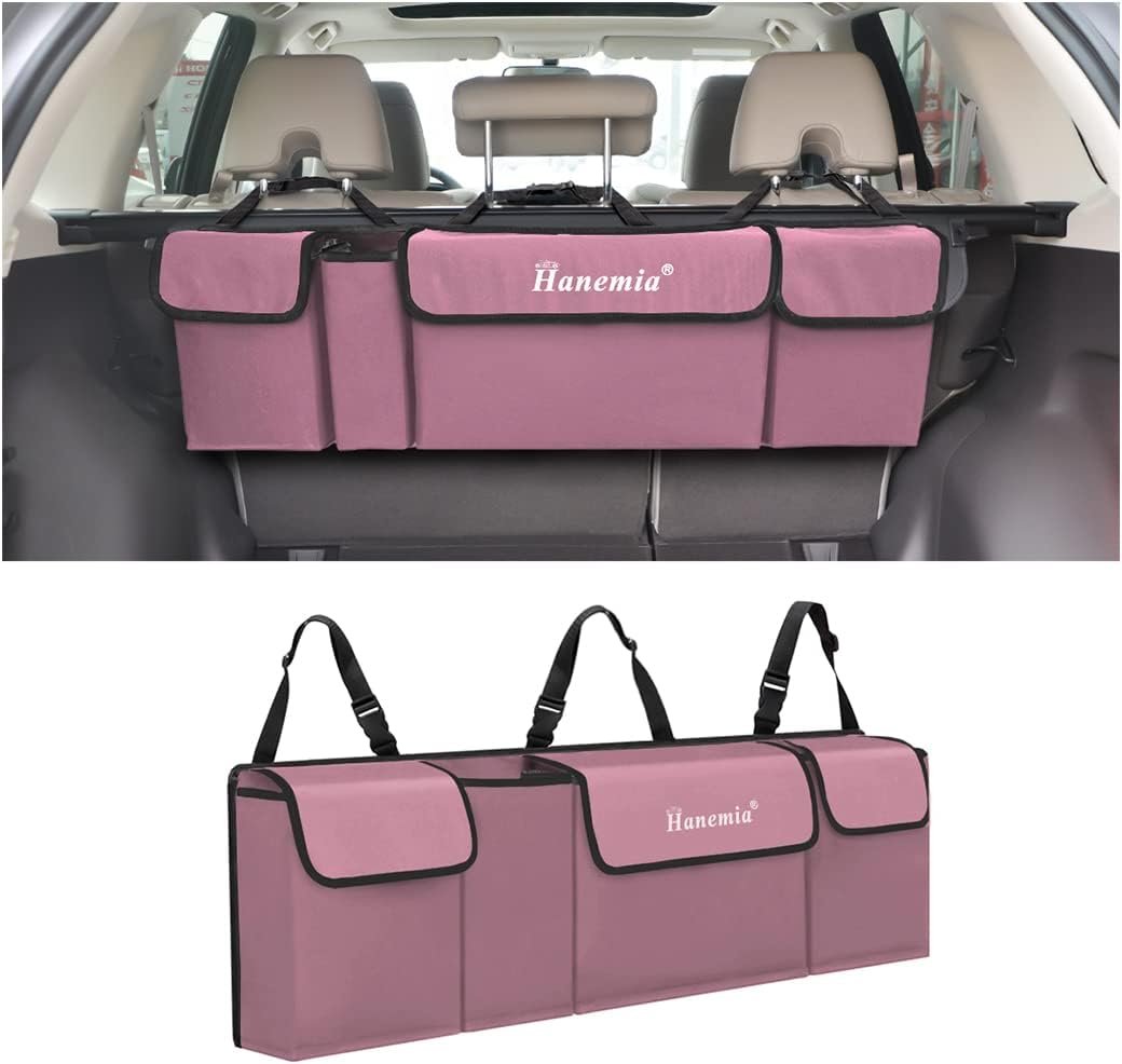 Car Trunk Organizer, Backseat Hanging Storage with 4 Large Pockets, Collapsible Cargo Bag with Adjustable Straps Frees Trunk Floor, Sturdy Space Saving Expert for SUV, Truck, Van (Pink)