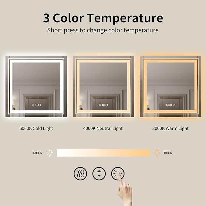 WTTY LED Bathroom Mirror 36"x36" with Backlit and Front Light,Stepless Dimmable LED Mirror for Bathroom,Anti-Fog Lighted Bathroom Vanity Mirror Modern,Memory Function,Shatter-Proof