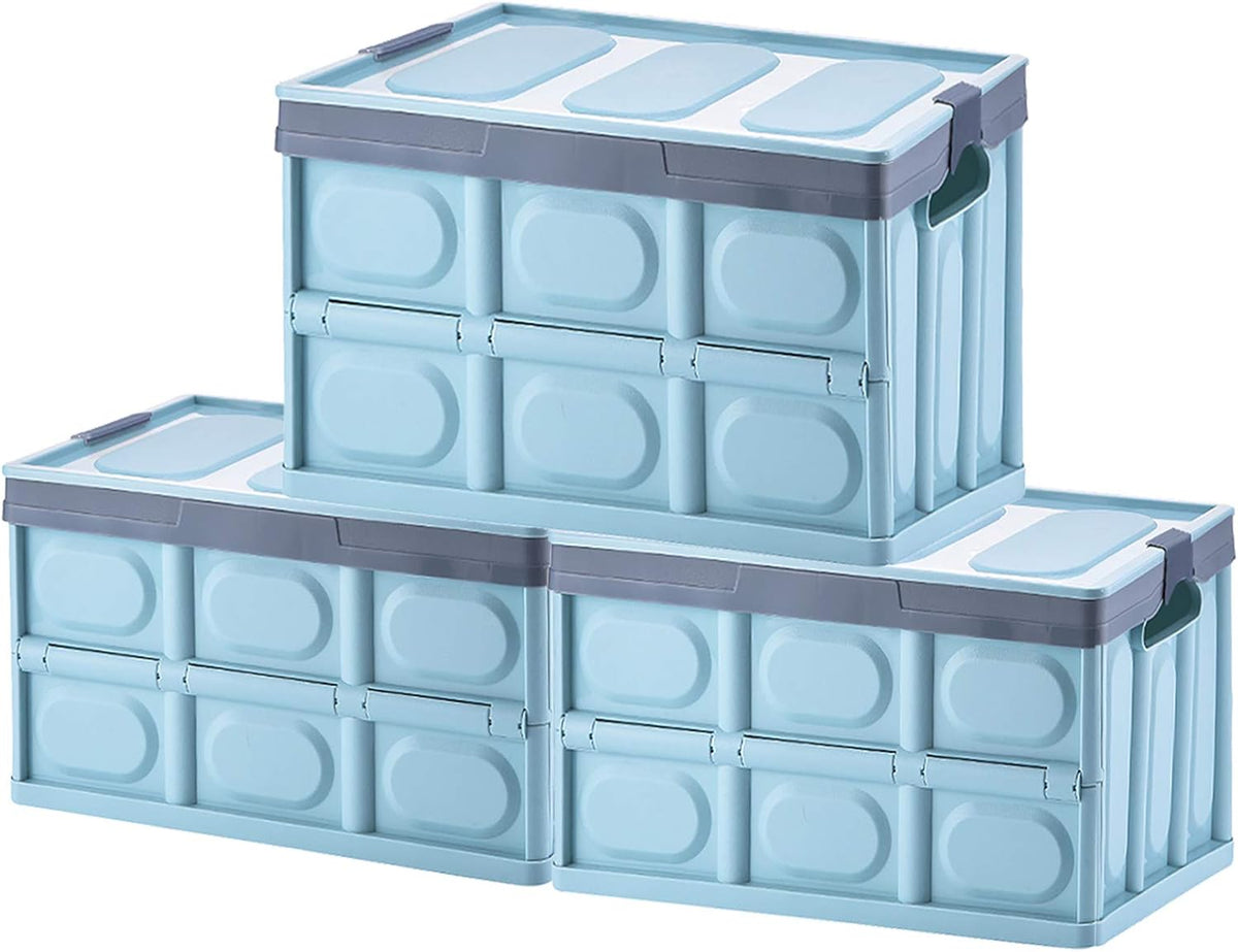 Phyllia Foldable Storage Boxes with Lidsz, 3 Pack Collapsible Plastic Storage Bins Organizer Containers Baskets Cub with Cover,Stackable Utility Crates Storage Box (Blue, 30L)