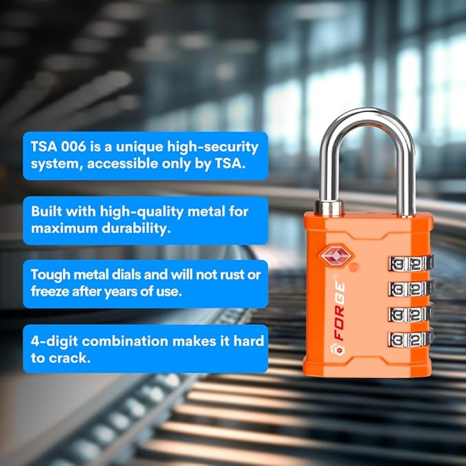 FORGE 4-Digit TSA Approved Travel Locks – TSA008 Key System, Key Duplication Impossible, Heavy-Duty Combination Padlock for Travel, Gym, Pelican Case. Orange 2 Locks.