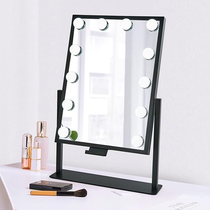 Vanity Mirror with Lights, Lighted Makeup Mirror, Hollywood Mirror with Phone Holder, 12 Dimmable LED Bulbs, 3 Color Lighting Modes, Detachable 10X Magnification, 360°Rotation(Black)