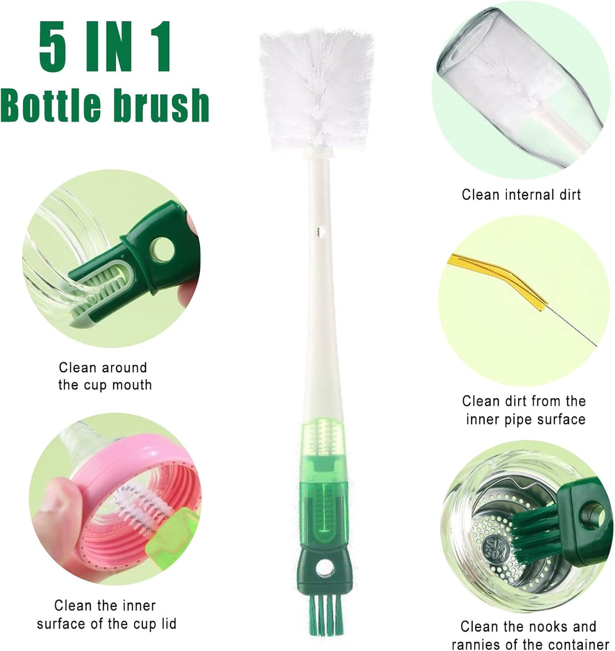 Skiennix Water Bottle Cleaner Brush - 5-in-1 Scrubber Set for Effortless Bottle Cleaning