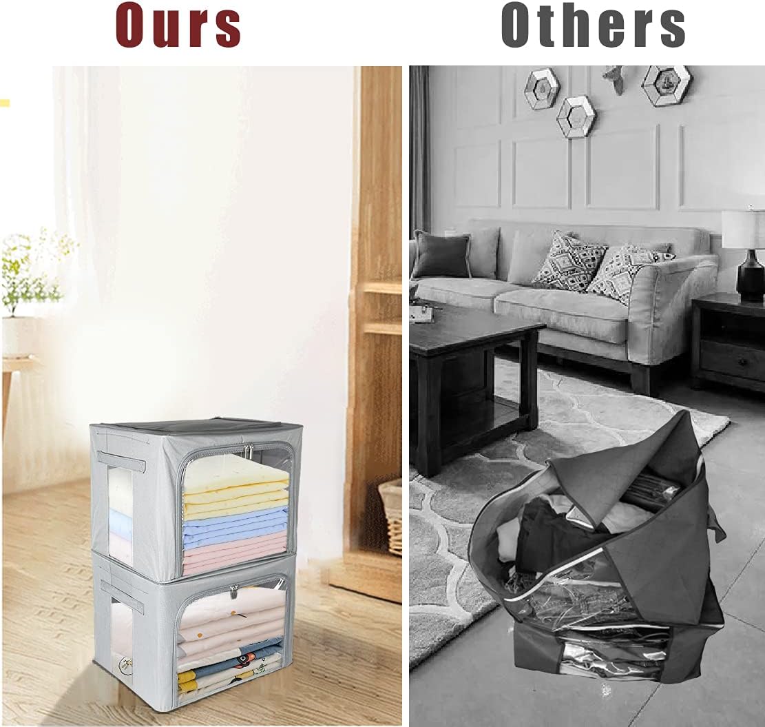 Clothes Storage Box Bins Stackable Foldable Organizer with Metal Frame for Clothing Bedding Shelves,Closet Container with Clear Window Zipper and Label Holder (Gray,Small-40L x3 Pack)