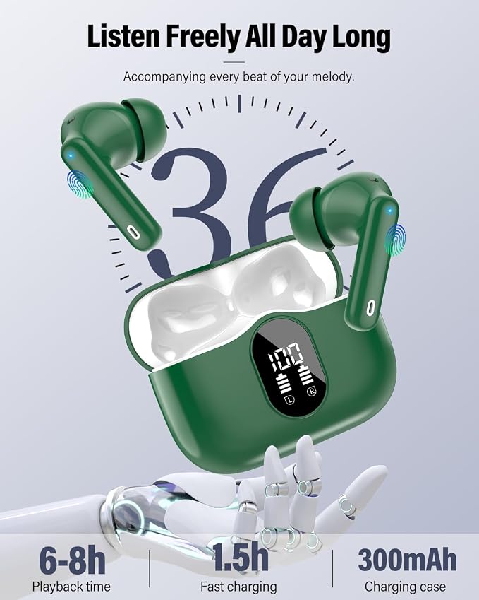 Wireless Earbuds, Bluetooth 5.4 Headphones Bass Stereo/Clear Calls, Green | Ear Buds with Noise Cancelling Mic LED Display in Ear Earphones IP7 Waterproof 36H Bluetooth Earbuds for Phones/Sport/Laptop