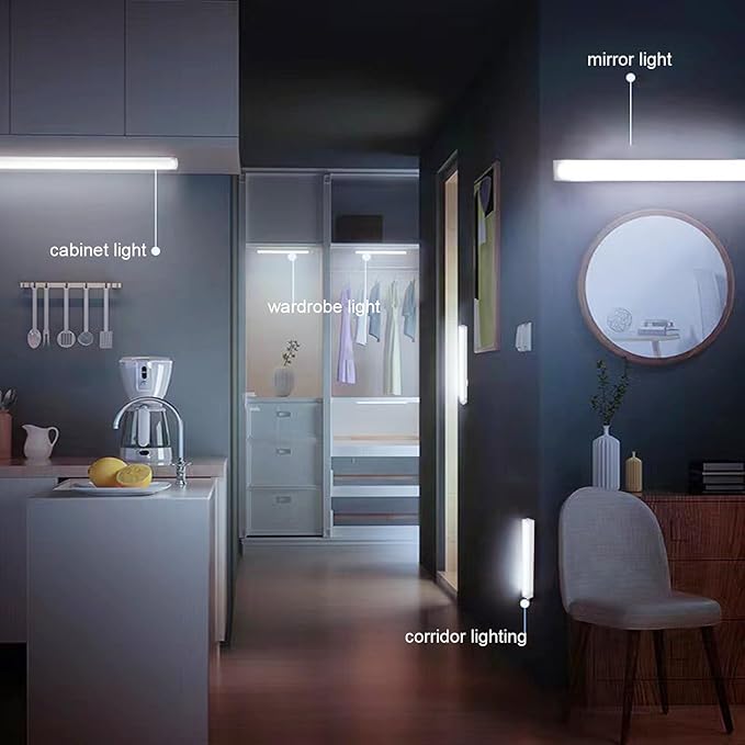 Under Cabinet Lighting 20 Inch, Rechargeable Motion Sensor Light with Stepless Dimming, Daylight White 6000K LED, USB-C Magnetic Closet Light for Kitchen, Stairs, Wardrobe (2 Packs)