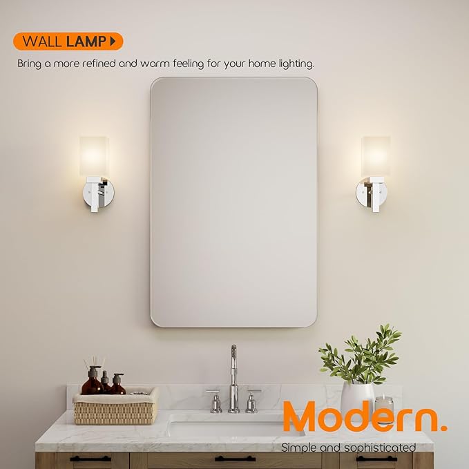 Vanity Lighting Fixtures Polished Chrome Bathroom Lights with White Frosted Glass Shade, Wall Sconces for Mirror Hallway Entrance, 2 Pack T002CH-L1-P2