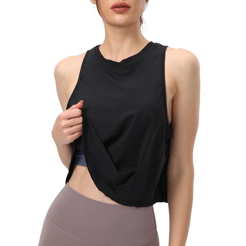 Women's Pleated Cropped Sports Tank Tops Sleeveless Running Workout Tops Active Yoga Tops Shirts(Black,8)