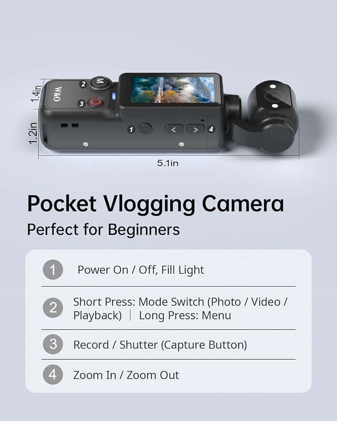 Vlogging Camera with 180° Rotating Lens, Pocket Camera with Audio & Video