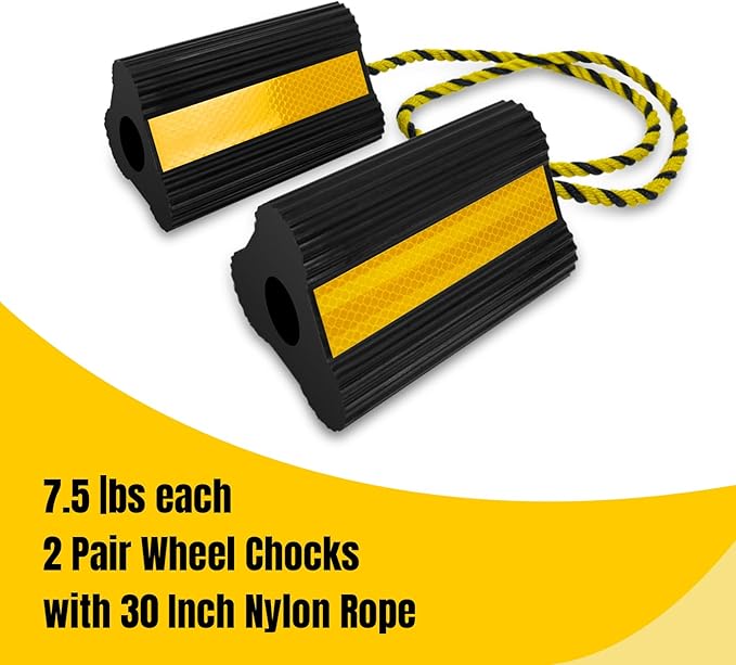 HOXWELL Wheel Chocks (2pair/4pack with Rope) for RV Trailer Camper Truck Car Aircraft, Versatile Heavy Duty Rubber Wheel Chocks Block with 3 Reflective Strips, Tire Wheel Immobilizers & Chocks