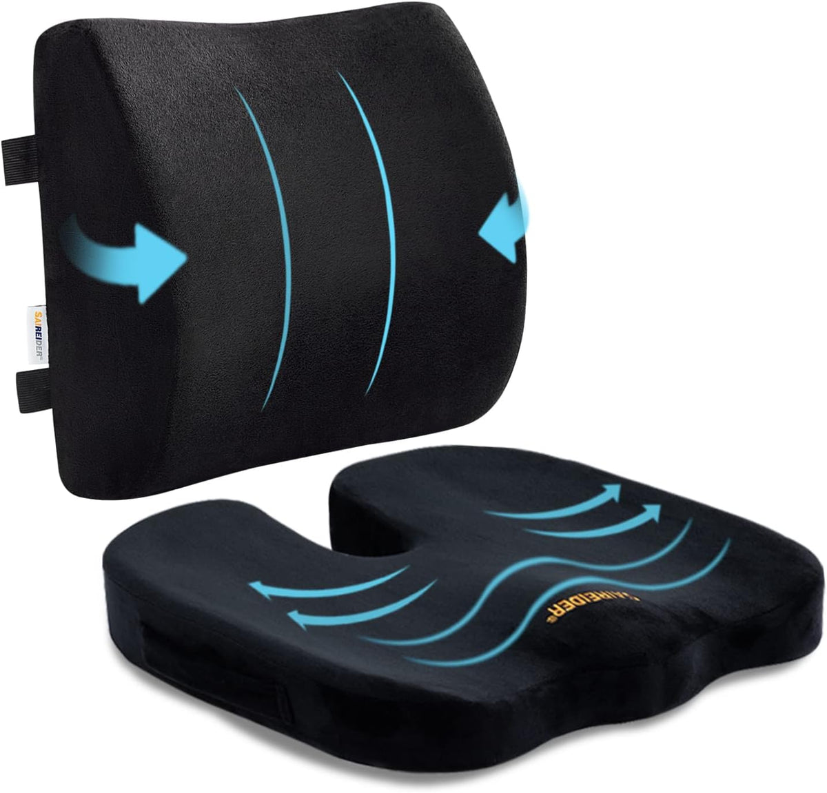 SAIREIDER Chair Cushion and Lumbar Support Pillow for Office Chair, Car Seat Cushions Back Support Pillows, Memory Foam Chair Support for Back&Lumbar, Relieve Tailbone Pain and Sciatica (Blue)