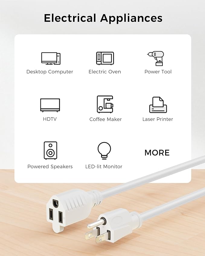 [ETL Listed] Cable Matters 2-Pack 16 AWG Heavy Duty 13A Power Extension Cord - 3ft, 3 Prong Power Cord Extension, NEMA 5-15P to NEMA 5-15R, White