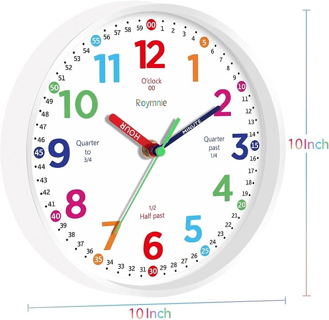 Roymnie Wall Clock 10 Inch for Kids Learning Kids Teaching Clock Analog Silent