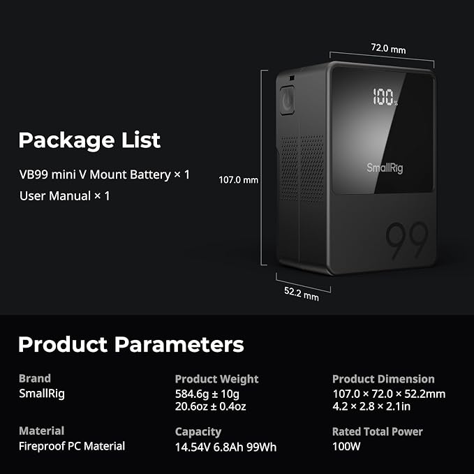 SMALLRIG V Mount Battery VB99, 99Wh / 6800mAh V Lock Battery
