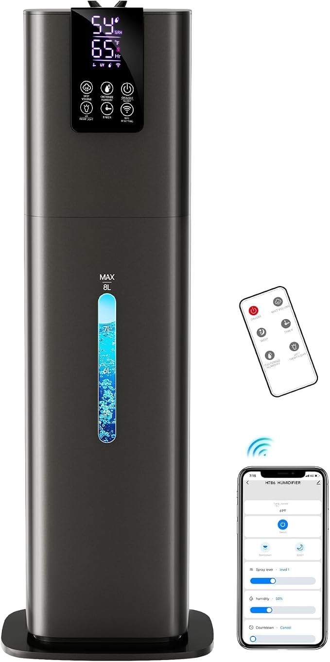 Smart Humidifiers Large Room Bedroom Home, 2.11Gal(8L) Quiet Top Fill Cool Mist Humidifier, Smart App & Remote Control, 3 Speed Humidifier with 360° Nozzle, Humidity Setting for Baby Office(Gray)