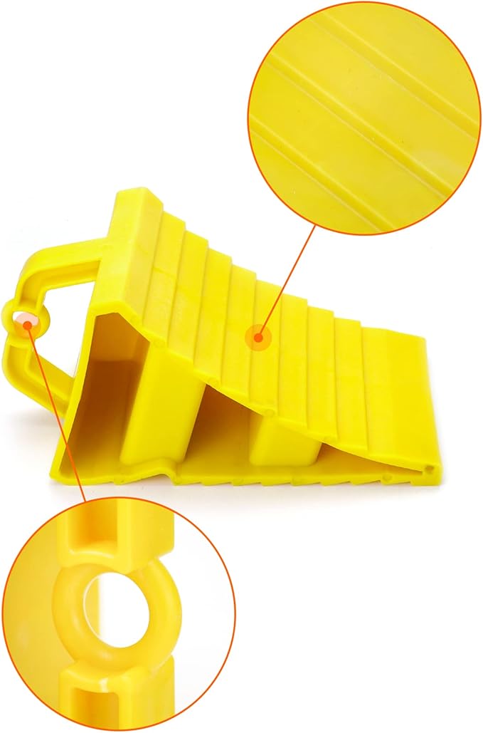QWORK RV Wheel Chocks, 4 Pack Heavy Duty Car RV Tire Chocks Camper Chocks with Handle and Rope, Car Truck Stopper for Travel Trailers, Camper, Cars, Truck, Yellow