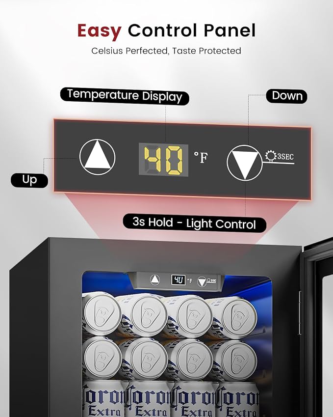 Feelfunn 24 Can Beverage Refrigerator, Mini Fridge, Black | 40-61°F temp control, whisper-quiet ≤38dB, holds 24 cans, removable shelf. Ideal for office, dorm, bedroom, home bar