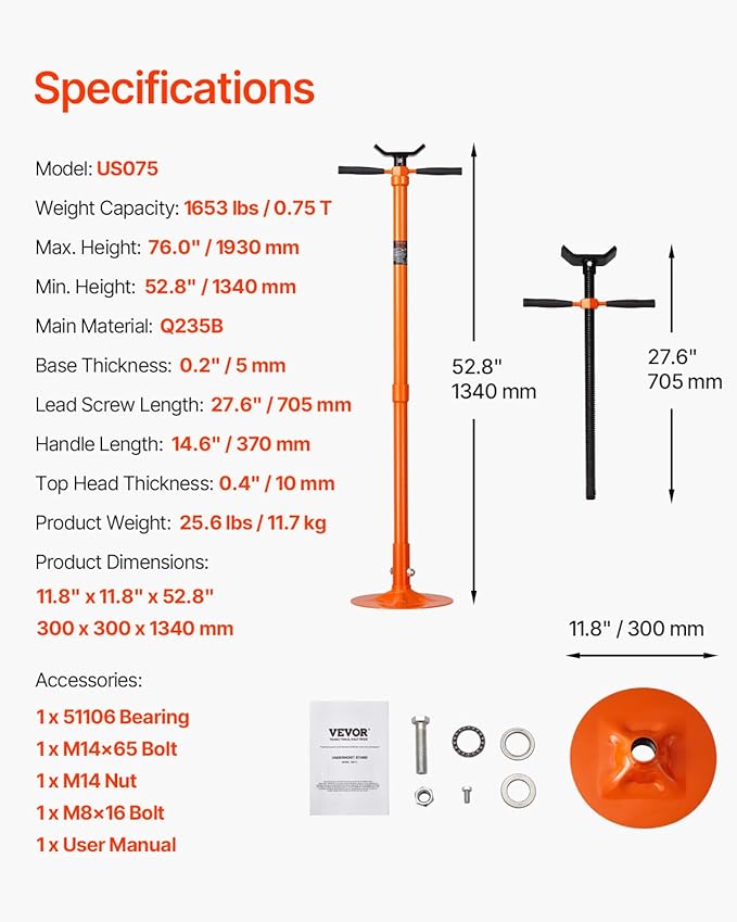 VEVOR Underhoist Support Stand, 3/4 Ton (1653 lbs) Capacity Under Hoist Jack Stand with Two Wheels, Lifting from 51.97" to 80", Bearing Mounted Spin Handle, Foot Pedal, Support Vehicle Components