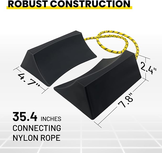 HOXWELL Dual Wheel Chocks, Light Non-Slip Wheel Stoppers with Nylon Rope Yellow Reflective Tape, Wheel Block for Lightweight Travel Trailer, Light Truck, Car, Tractor, Lawnmower 1 Pair, Black&Yellow
