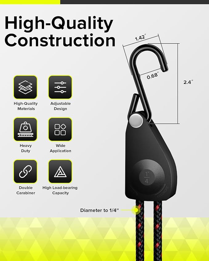1/4" Ratchet Tie Down Straps, 2-Pack 12ft Adjustable Rope Hangers, Heavy Duty Kayak Pulley System with Hooks for Kayak Accessories, Hiking, Camping, Boating & Water Activities