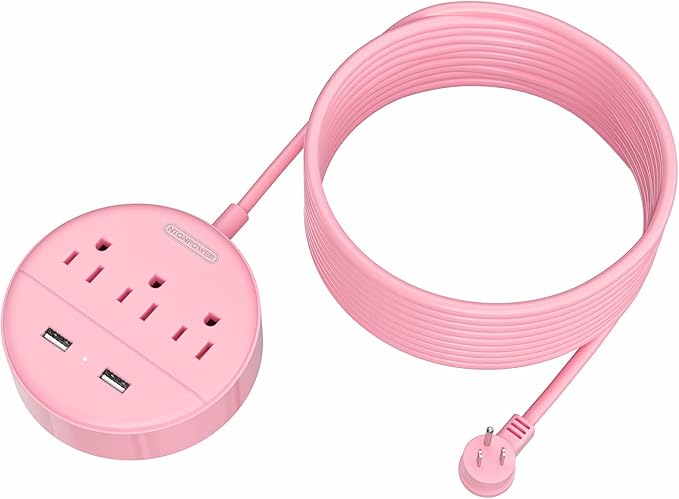 Pink Extension Cord 15ft, NTONPOWER Flat Plug Power Strip with Long Extension Cord, 3 Outlet 2 USB Desktop Charging Station Wall Mount for Home, Dorm Room, Office and Nightstand, ETL Listed