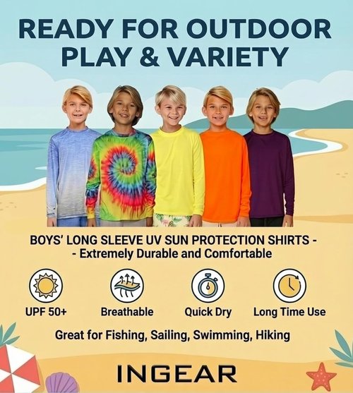 INGEAR Boys’ Rash Guard Swim Shirt - UPF 50+ Quick-Dry Sun Protection for Swimming | Sizes XS–XL