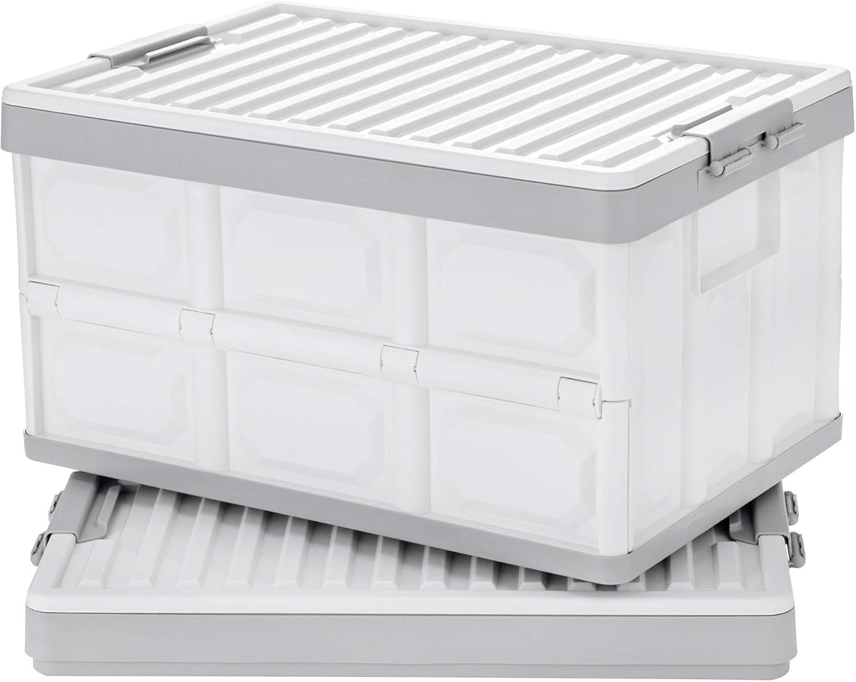 Collapsible Storage Bins with Lids 30L, Folding Plastic Stackable Utility Crates 2-Pack, Durable Containers for Home & Garage Organization - Oyster White