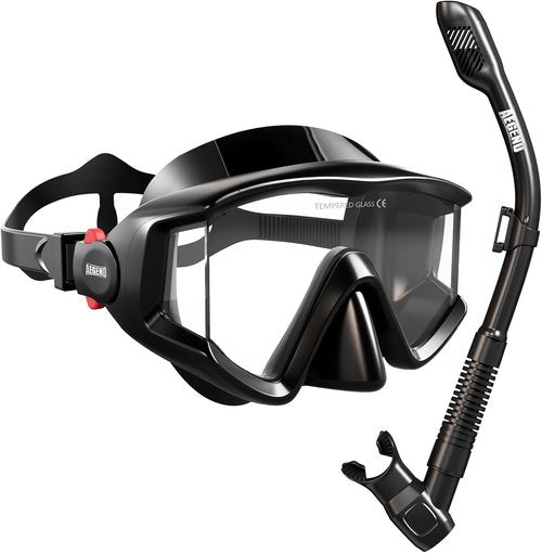 Aegend Snorkeling Gear - Anti-Fog Diving Mask & Dry Snorkel Set | Panoramic View with Mesh Bag