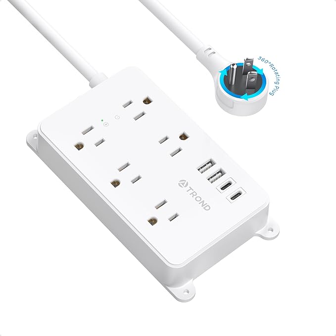 TROND 360° Rotating Power Strip, 5 Widely-Spaced Outlets with 2 USB A and 2 USB C, ETL Listed, 1300J Surge Protector, Wall Mountable, Flat Plug 5ft Extension Cord, for Home Office, Under Desk, White