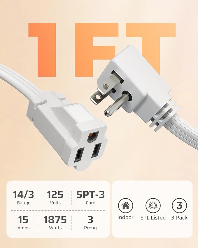 DEWENWILS 1 Ft Extension Cord with 3-Prong Flat Plug, 15A/1875W 14/3 SPT-3 Flat Wire, Space-Saving for Home Office Appliances & Electronics, ETL Certified, 3-Pack, White