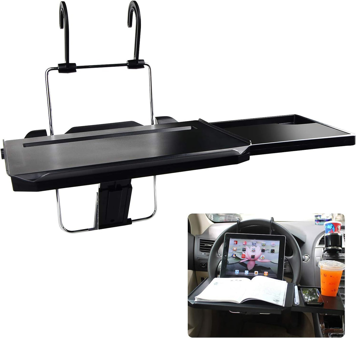 CPROSP Car Steering Wheel Seat Tray Desk Foldable Portable with Mouse Drawer for Eating Writing Working in Car, with Notebook Groove/Drink Cup Groove