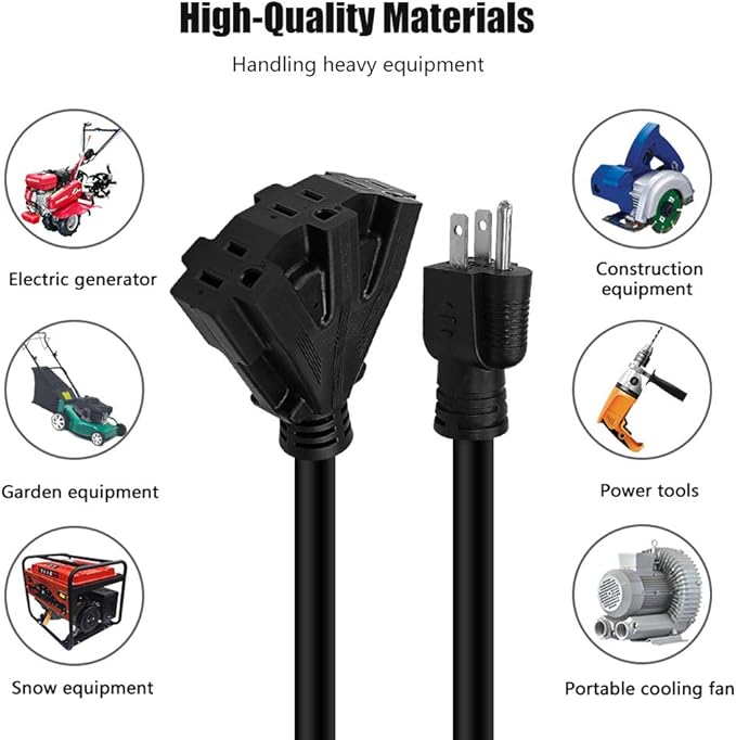 25FT 12/3 Outdoor Extension Cord, Heavy Duty 3-Outlet SJTW Indoor/Outdoor Three-Prong Power-Cord 12-Gauge Grounded 15-Amp 1875 Watts